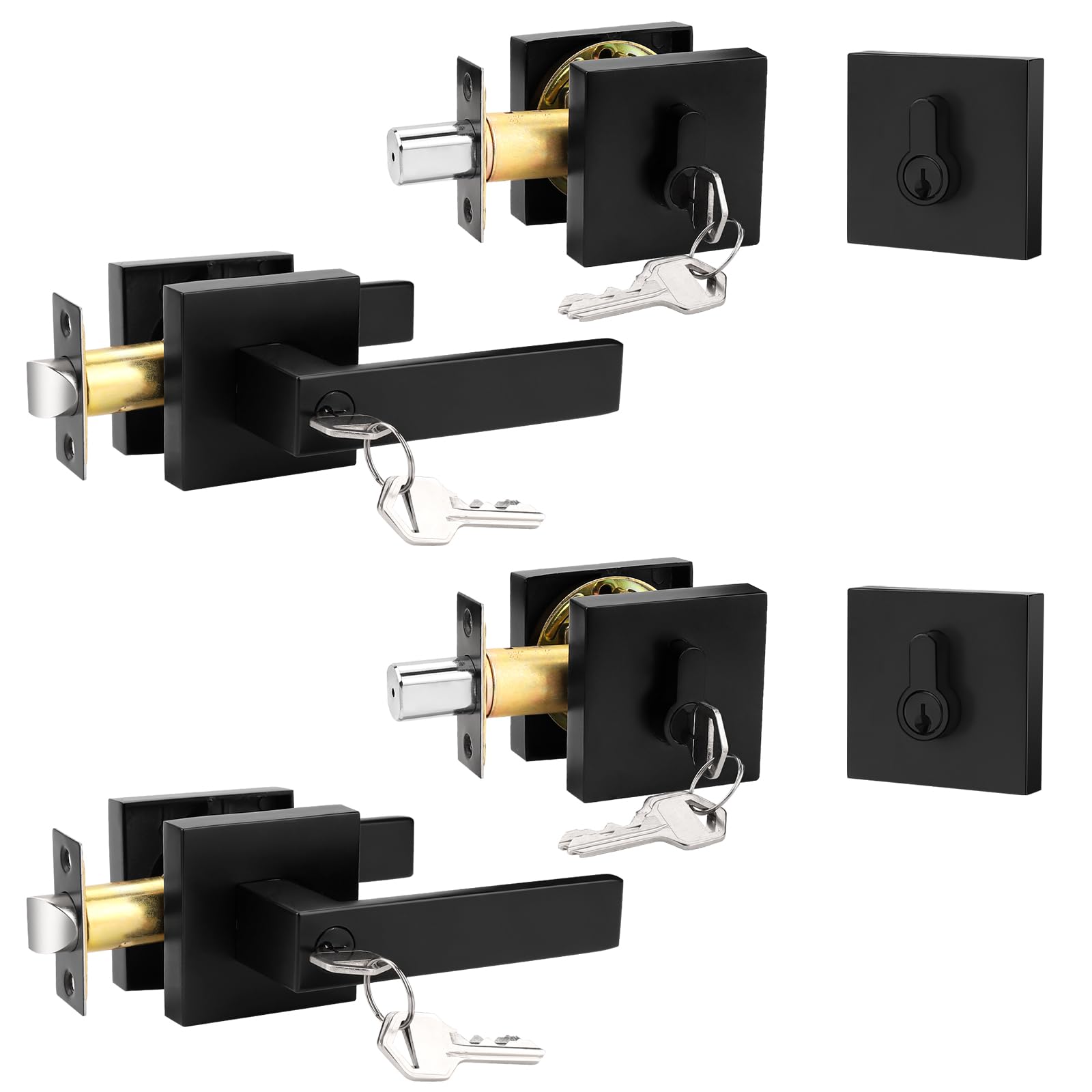 Probrico Juego de cerraduras de puerta exterior de color negro mate con cerrojo de seguridad, manija de entrada de puerta delantera y cerrojo de doble cilindro, palanca de puerta cuadrada con