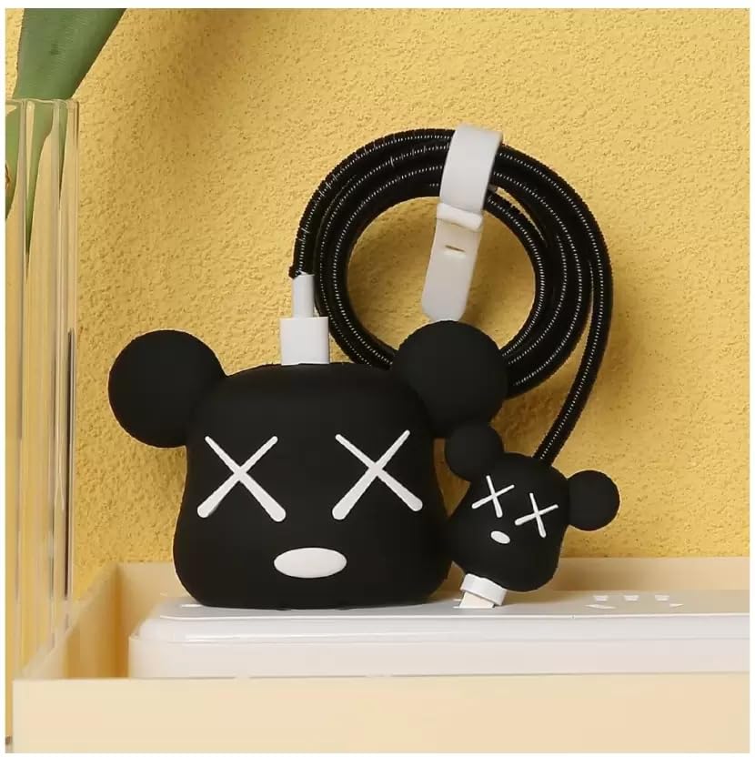 Image of Meyaar Silicone Protective Case for Apple 20W & 18W iPhone USB-C Power Adapter Charger and for USB Lightning Cable, 3D Cartoon Case for iPhone Charger 18W /20W Only (MouseX (Black))