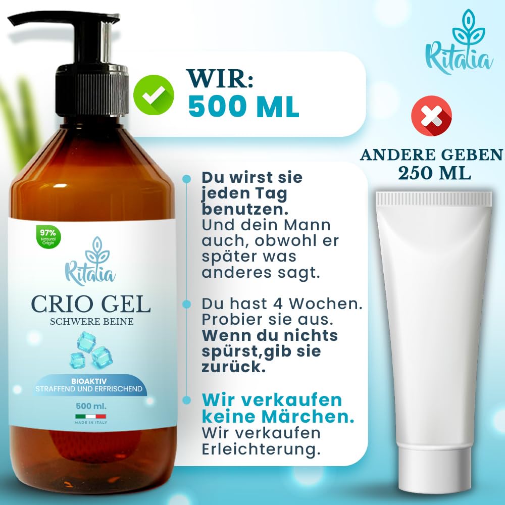 500ml KÜHLGEL FÜR LYMPHDRAINAGE BIO verbessert die Durchblutung bei Krampfadern, Besenreisern, geschwollenen Beinen und Füßen - Ritalia® Cryo gel mit starkem kühlendem Effekt