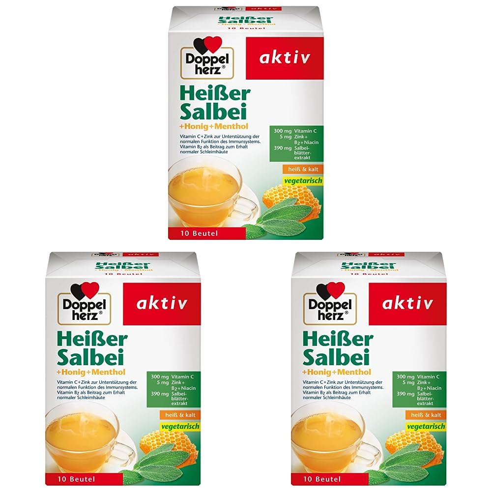Doppelherz Heißer Salbei mit Honig und Menthol – Mit Zink zur Unterstützung der normalen Funktion des Immunsystems – 1 x 10 Beutel (Packung mit 3)