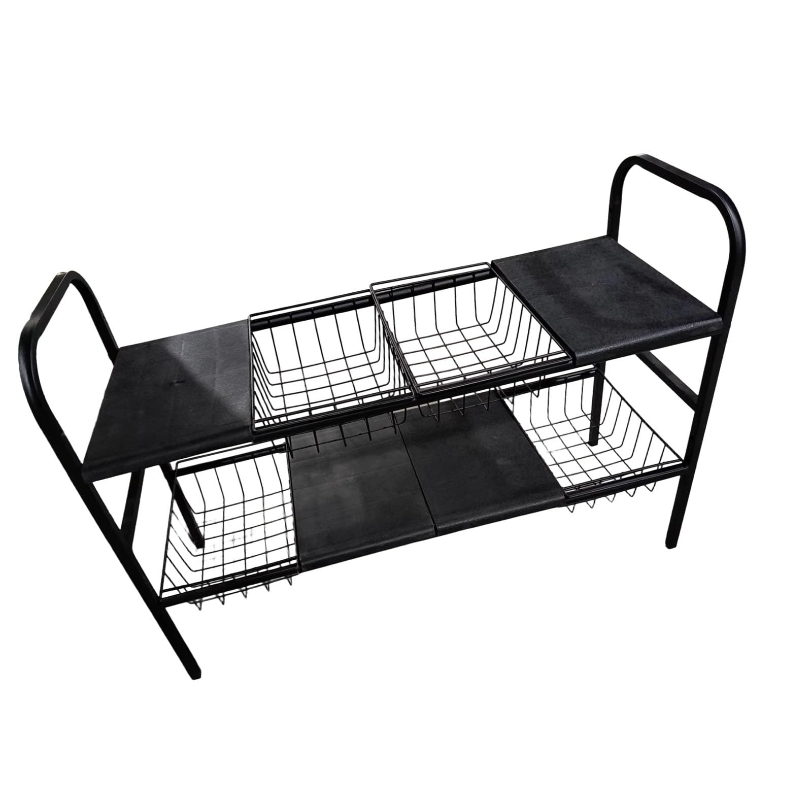 Nucelit Expandable Pair Layer Kitchen Storage Unit with 4 Shelves 4 Baskets Built of Sturdy Carbon Steel Strong Carbon Steel Kitchen Storage Shelf with Adjustable Width