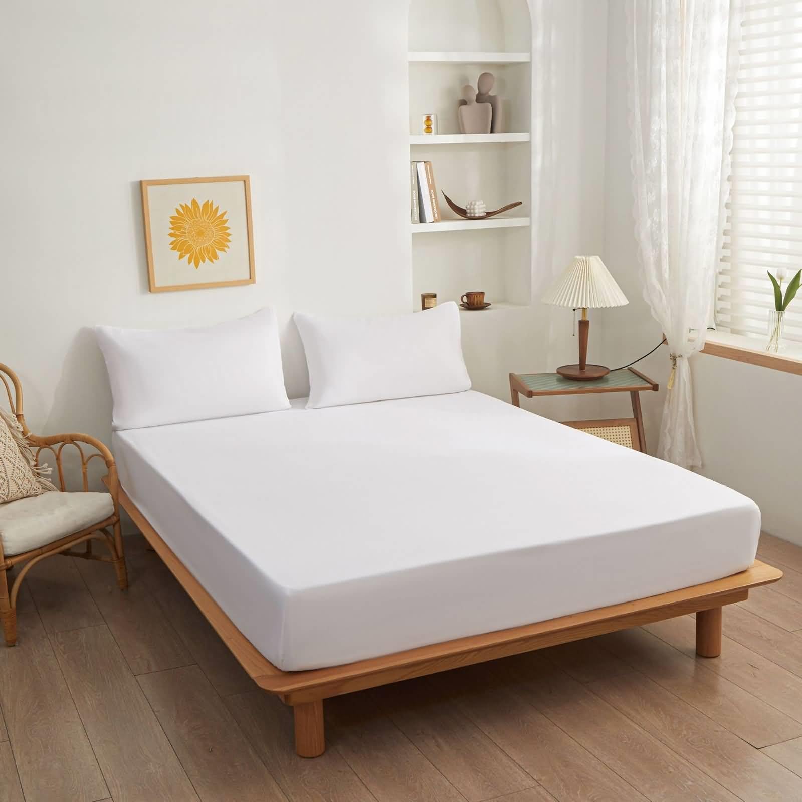 Epinki Extra Deep Pocket King Fitted Sheet, 150x200cm, 27 cm Deep, White, Polyester Solid Color Bed Sheet