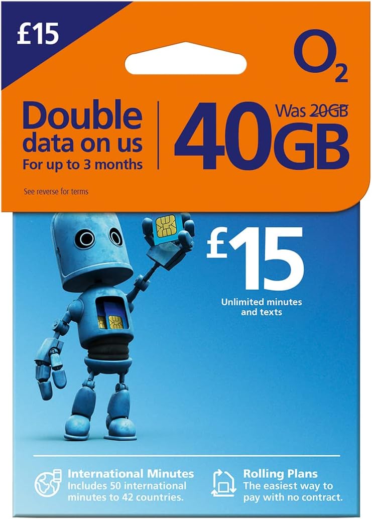 O2 SIM Card UK & EUROPE (ROAM FREE) PAYG £15 Bundle 20GB + 20GB FREE