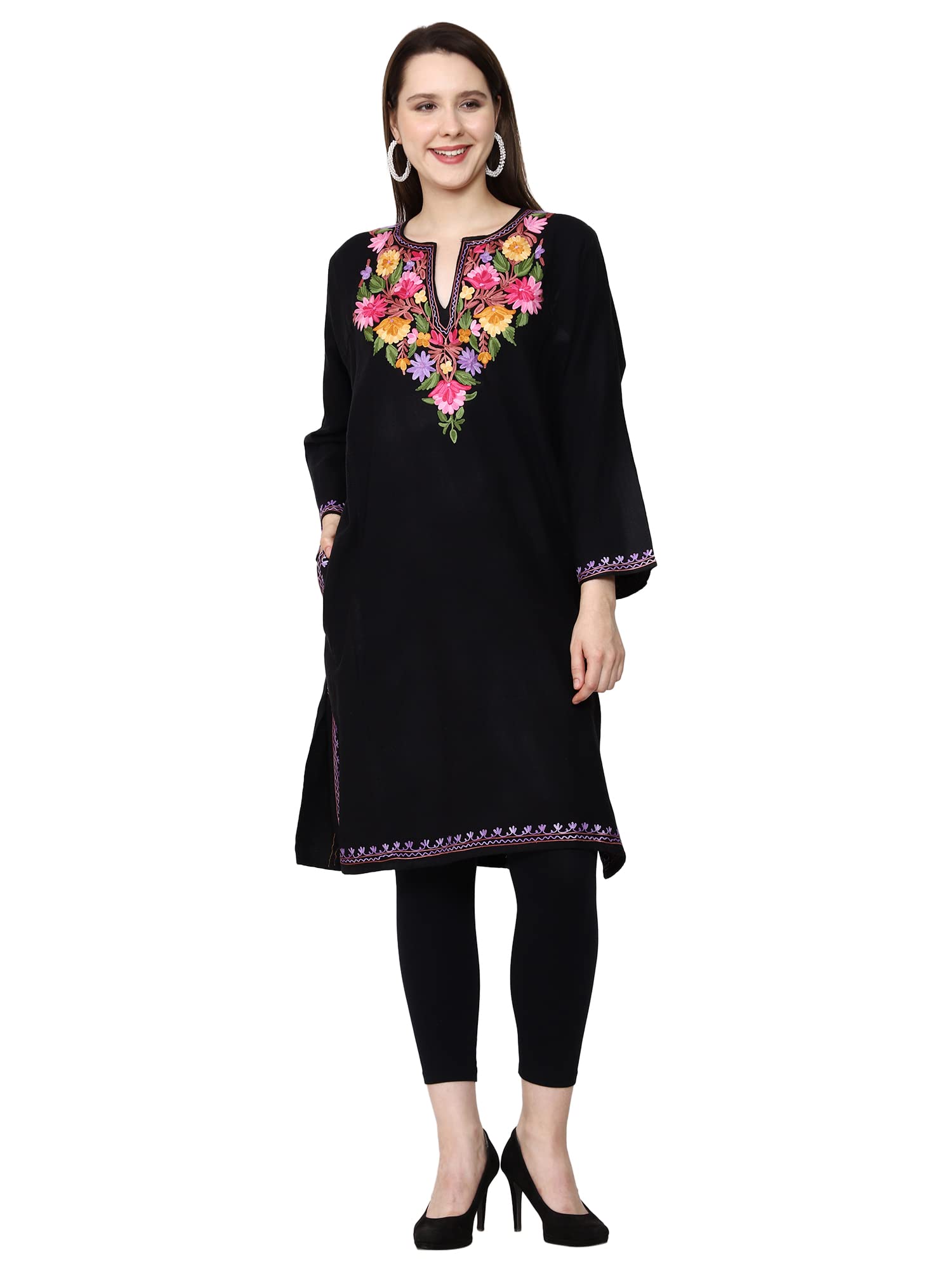 craftbazar Kashmiri Embroidered Cashmilon Phiren Black Multi-picture-37