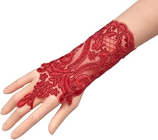 Handschuhe Damen Kurze,Fingerlose Spitzen Handschuhe Kurze Braut Handschuhe bestickte 1920er Stil Spitzenhandschuhe Hochzeitshandschuhe für Kostüm, Banketts, für Opernpartys -Rot