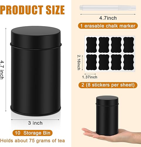Miniatura 2 de Tanlade 10 latas de té redondas de metal con tapa hermética, recipientes de té de doble sellado, con 1 marcador de tiza borrable y 16 calcomanías