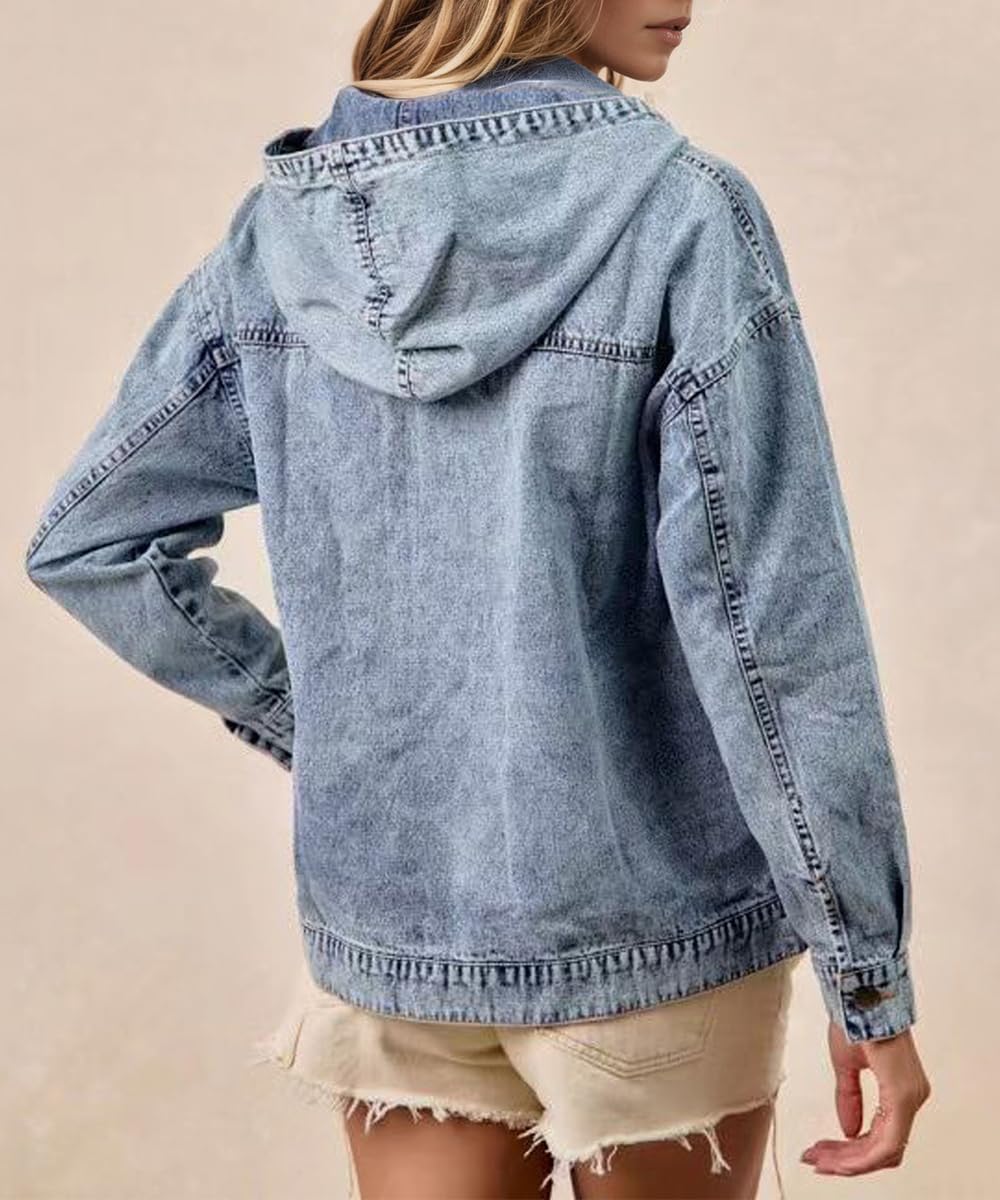 Felpe con Cappuccio in Denim alla Moda da Donna Felpa Loose Fit Manica Lunga Mezza Zip Girocollo Pullover Giacche