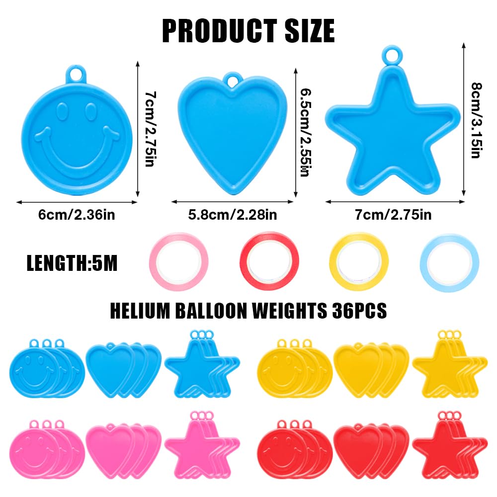 12 Pesi Per Palloncini A Forma Di Stella, Cuori E Smile - Plastica Colorata Con Foro Per Nastro - Per Feste, Compleanni, Matrimoni - 6