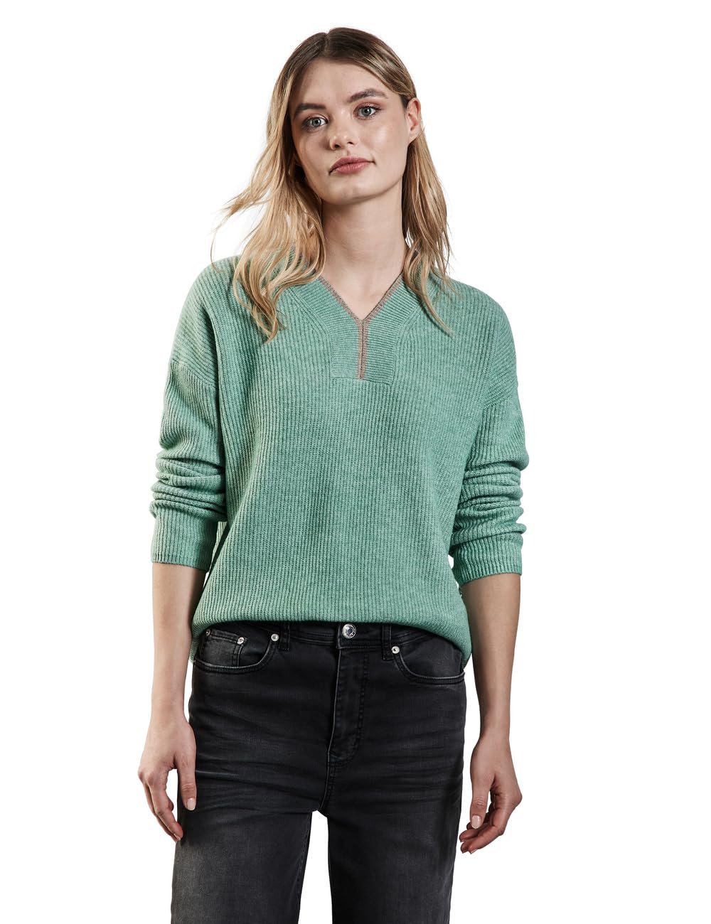 Street One Women's A303085 V-Neck Jumper, Sunlit Green Mel, 14