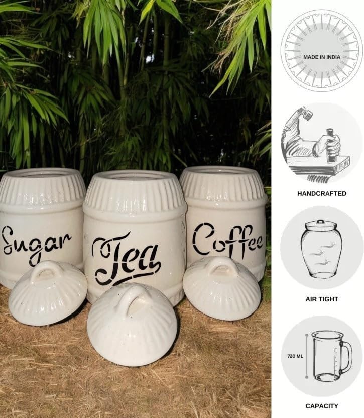 Image of Ceramic Tea Coffee Sugar Container Set of 3 for Kitchen Storage (500 ML Each)| Ceramic Kitchen Canisters with Lid |Storage Jars for Tea Coffee Sugar | Airtight Pickle /Barni Jar with Lid, White & Beige