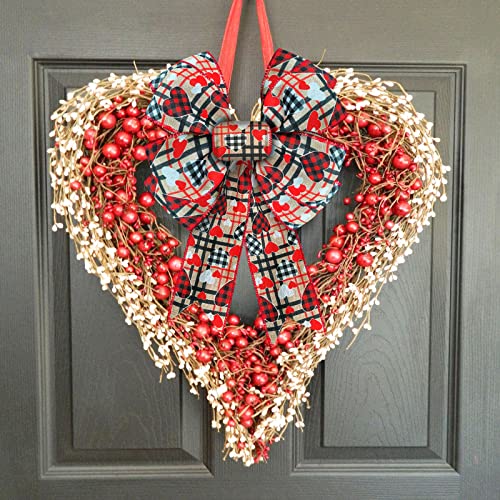 Happy Valentine's Day Wood Checkered Heart Wired Edge Ribbon Burlap Love Fabric Ribbon Ornaments For Valentine's Day Decorations Gift Wrapping Accessories For Party Decorative 2.5"X10 Yard #TOP2
