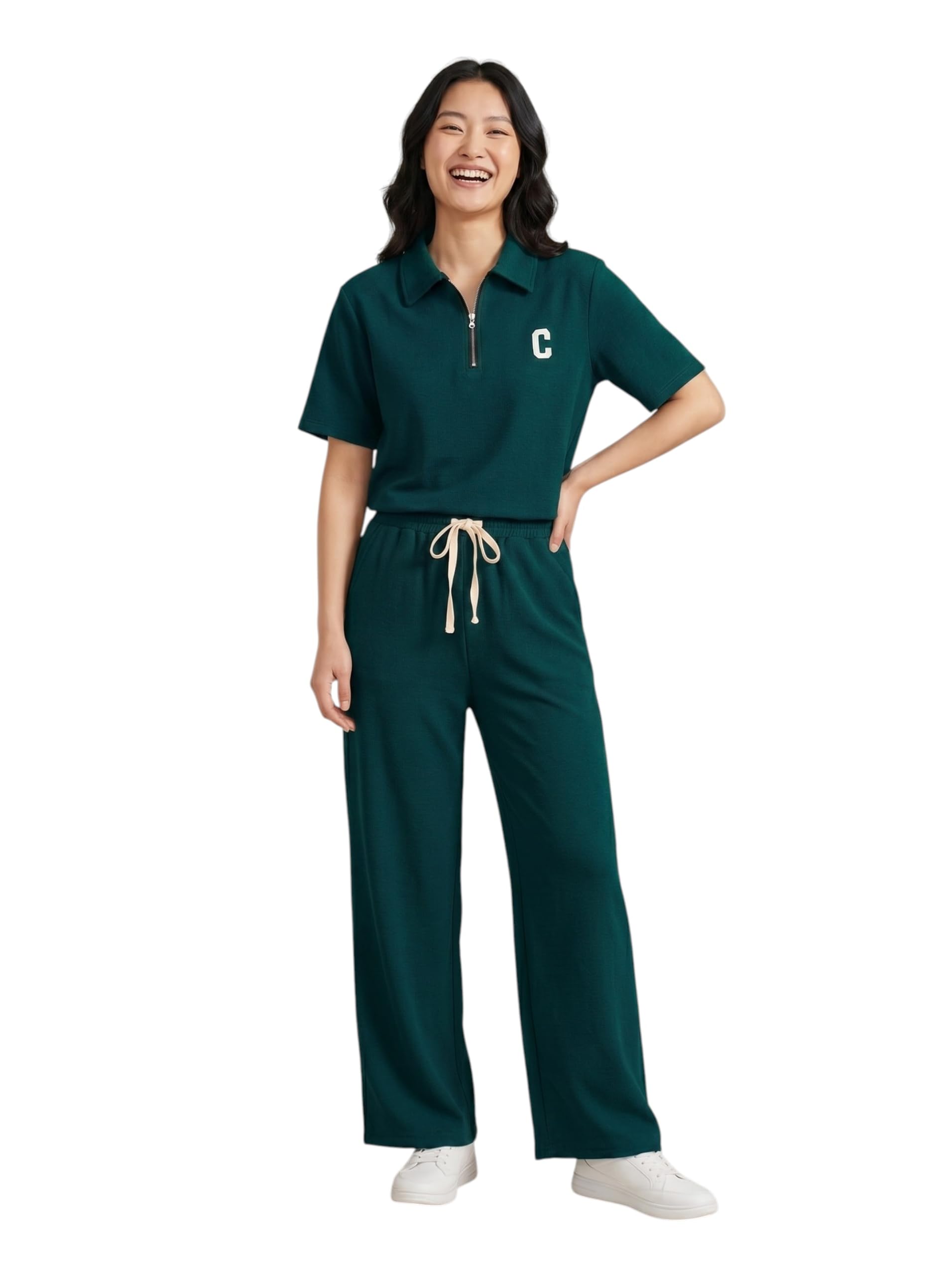 lugo Women's Printed Cotton Blend Zip Polo Neck Co-Ord Set | Stylish Half Sleeve T-Shirt with Matching Trousers | Comfortable Casual Wear for Women and Girls-picture-12