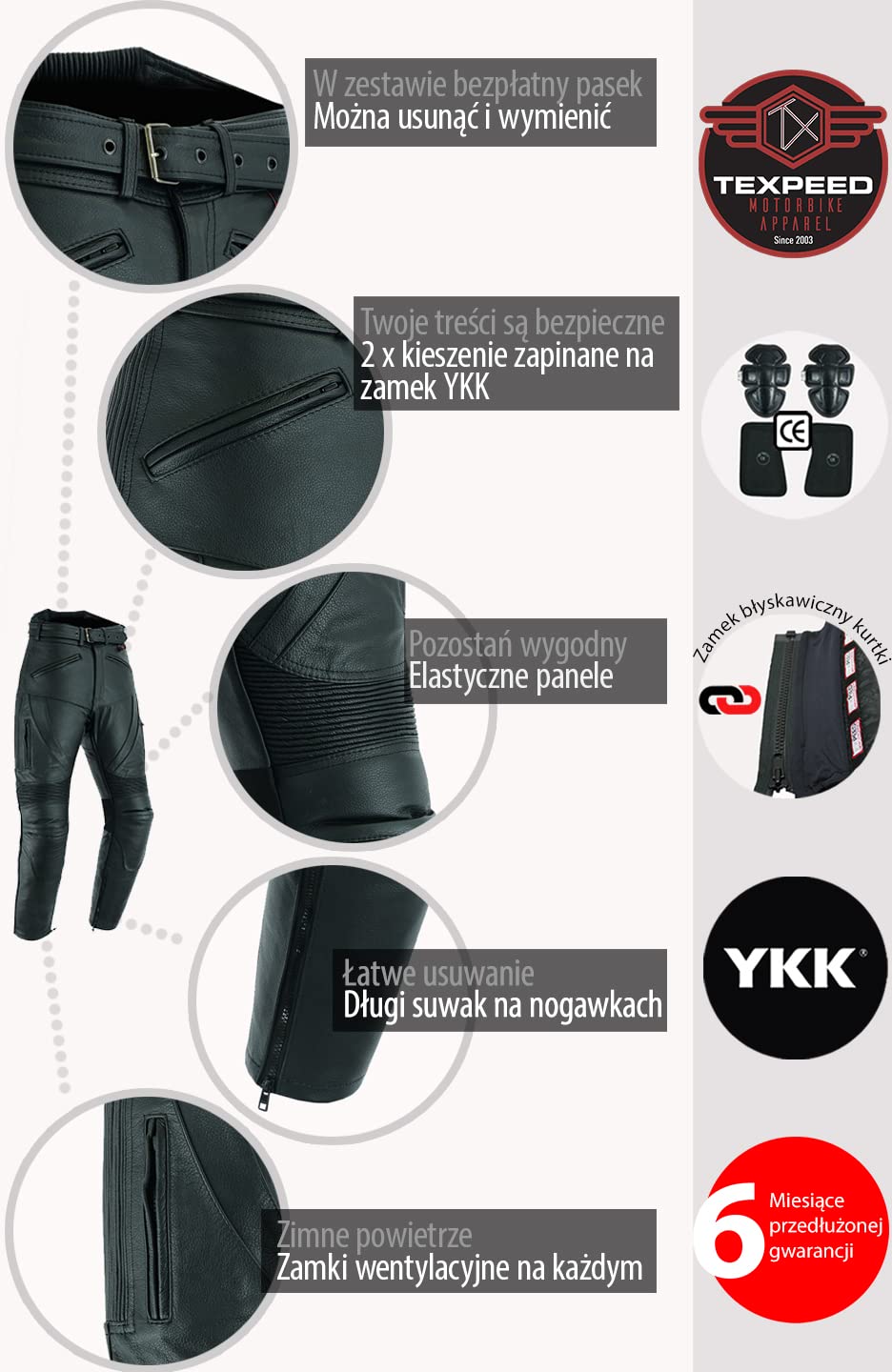 Texpeed Skórzane spodnie motocyklowe męskie z pancerzem - 4 sezony wyścigowe - Spodnie zimowe/letnie - Ochrona pancerza CE (EN 1621-1) - Czarny - XL Talia/Regularna Noga