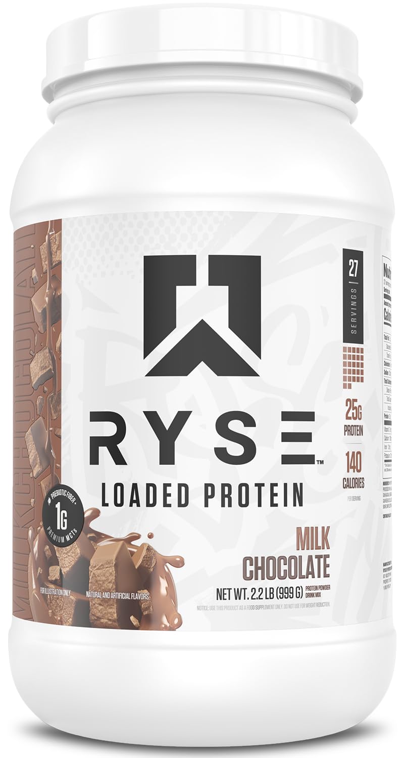 RYSE Loaded Protein Powder - Milk Chocolate - 25g Whey Protein Isolate & Concentrate with Prebiotic Fiber & MCTs - Low Carb, Low Sugar, Digestive-Friendly - 27