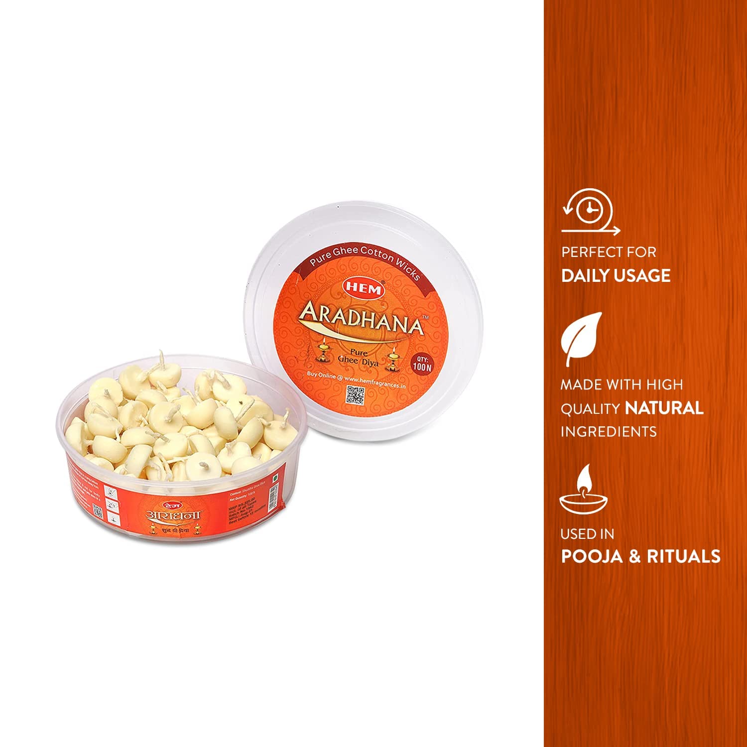 Hem Aradhna Pure Ghee Diya with Batti Pack of 100 Diyas | Pooja Room Items for Home | Wax Free | Ghee Wicks for Prayers, Rituals & Special Occasions | 30 mins Burning Time| Set of 2 2