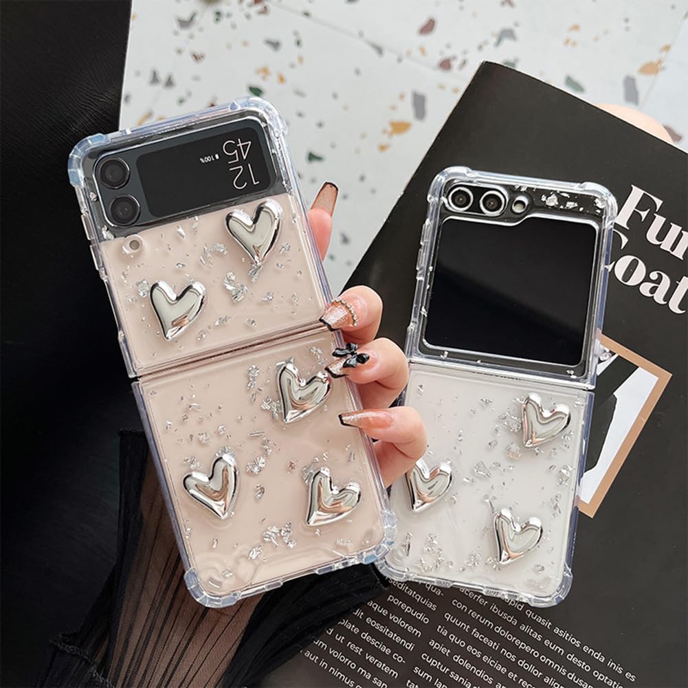 For Samsung Galaxy Z Flip 5 Clear Case with Silver Foil Plating Love Heart, Woman Aesthetic Case for Galaxy Z Flip 5 Glitter Shiny Back Air-Bag Protection, Cute Girly Case for Z Flip 5 -Metal Love