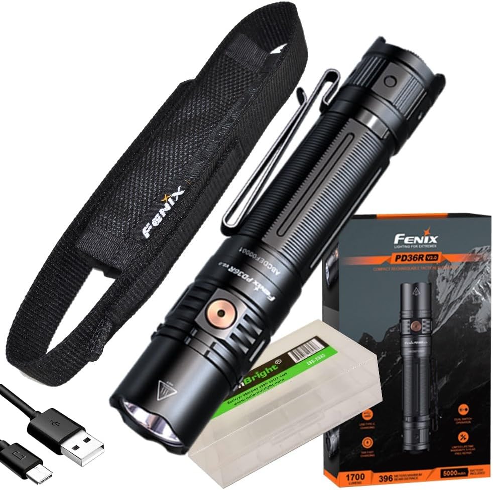 Fenix PD36R V2.0 1700 Lumen Rechargeable LED Tactical Flashlight, Battery, Holster, EdisonBright Accessory case Bundle