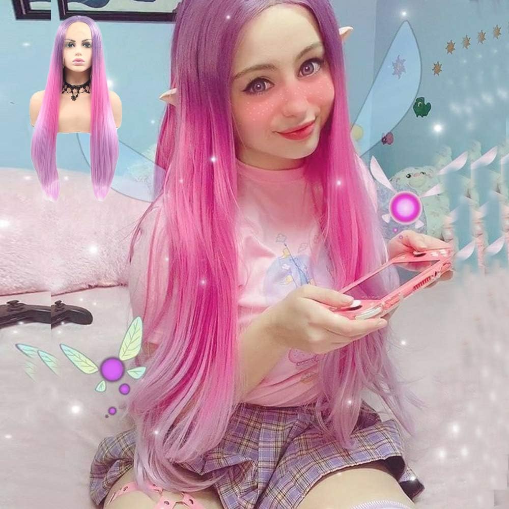 Pink Purple Lavender Wigs for Women Long Ombre Light Colorful Handmade Lace Front Wig Synthetic Hair Straight Lilac Realistic Frontal Glueless Heat Resistant Cosplay Daily Drag Wigs 24Inch - Image 4