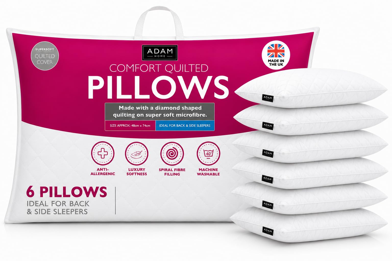 Adam Home Premium Pillows 6 Pack Hotel with Quilted Cover - Filled Pillows for Bed, Stomach and Back Sleeper- Down Alternative -Soft Hollow-Fiber Bed Pillows — image 1