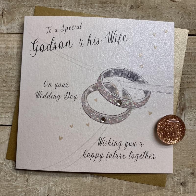 WHITE COTTON CARDS GODSON & HIS WIFE - WEDDING RINGS WEDDING CARD, HAND FINISHED (D340)