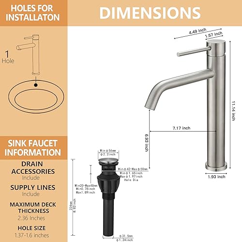 Miniatura 6 de Grifo de lavabo de níquel cepillado, grifo de baño alto con boquilla giratoria, grifo de baño de una sola manija, lavabo moderno de un solo orificio