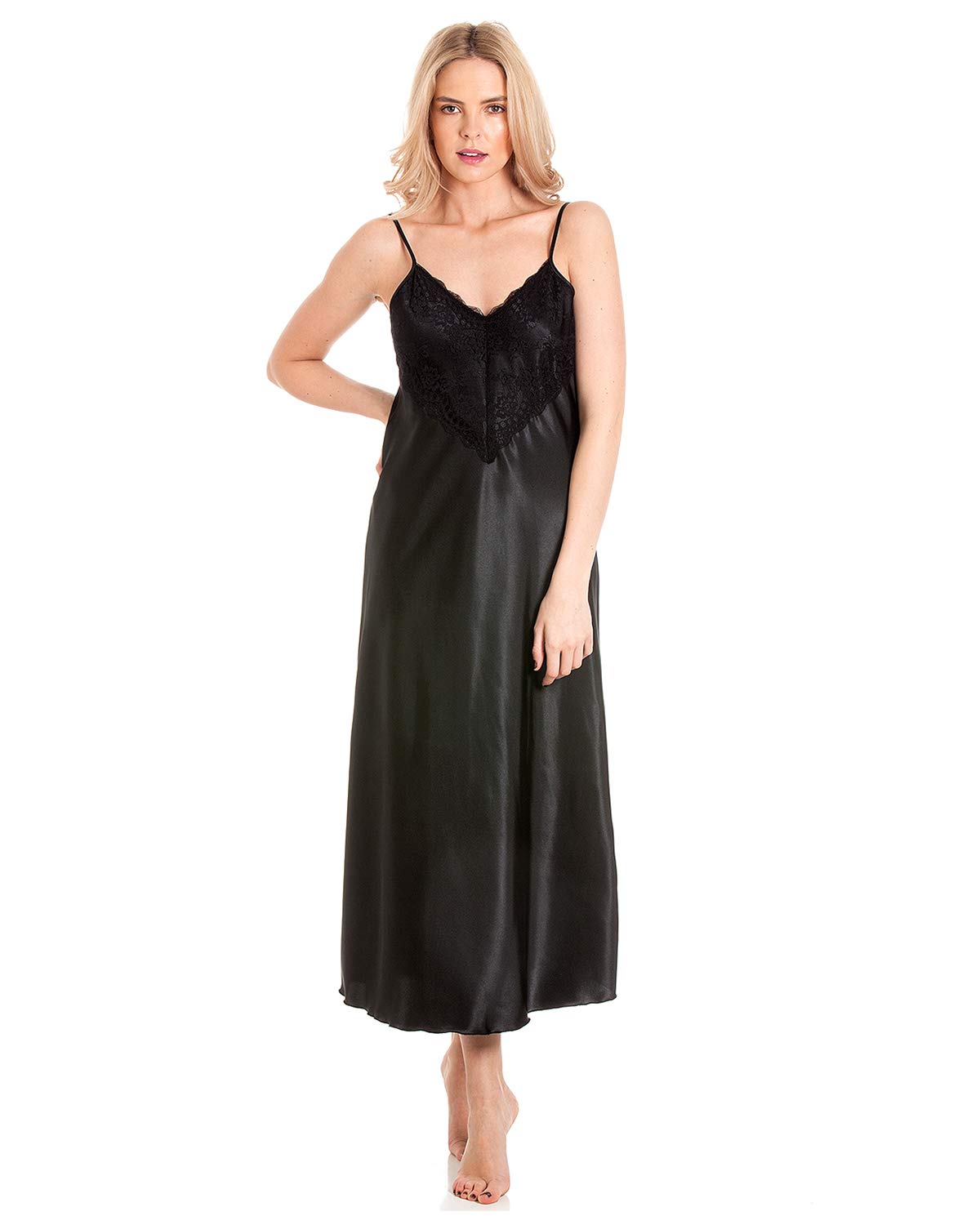 Undercover Womens Satin & Deep Lace Long Chemise Nightdress N50 Black WMS