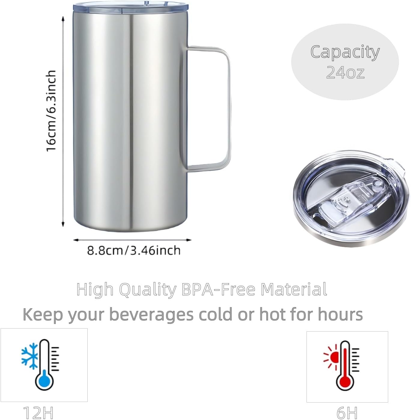 24oz Insulated Coffee Mug with Handle, Stainless Steel Double Wall Coffee Tumbler with Lid, Vacuum Camping Beer Stein Cup for Travel, Hot and Cold Beverages