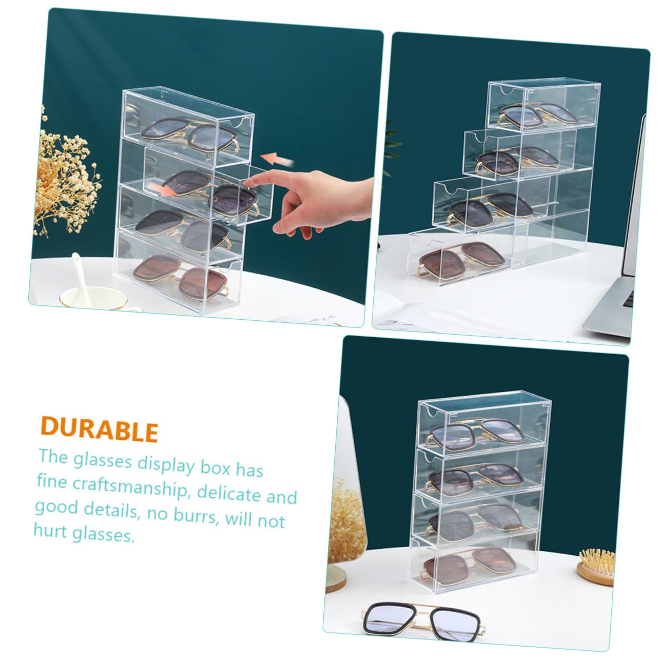 PLAFOPE Étui à Lunettes de Soleil en Acrylique Boîte de Rangement Transparente pour Lunettes Tiroir 4 Niveaux Protection Antipoussière