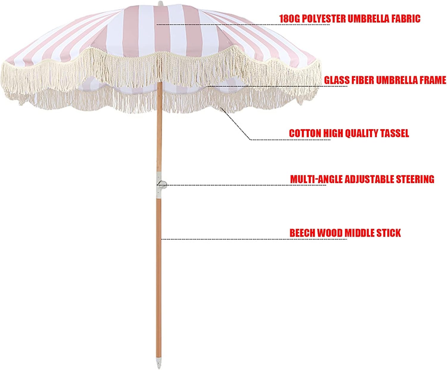 CHEVVY 2m Pink White Striped Parasol, Polyester Sun Umbrella Outdoor Sunshade With Fringe Beach Wooden Pole Steerable 200CM, Without Base