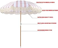 Vista 6 de CHEVVY Sombrilla de rayas blancas y rosadas de 6.6 ft, sombrilla de poliéster para exteriores con flecos, poste de madera de playa, orientable 78.7
