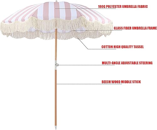 Miniatura 6 de CHEVVY Sombrilla de rayas blancas y rosadas de 6.6 ft, sombrilla de poliéster para exteriores con flecos, poste de madera de playa, orientable 78.7