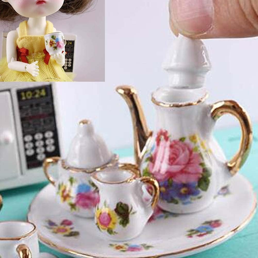 1:12 Dollhouse Miniature Furniture White Ceramic Rose Teapot Set Mini Doll Afternoon Tea Accessories 6-Piece Set