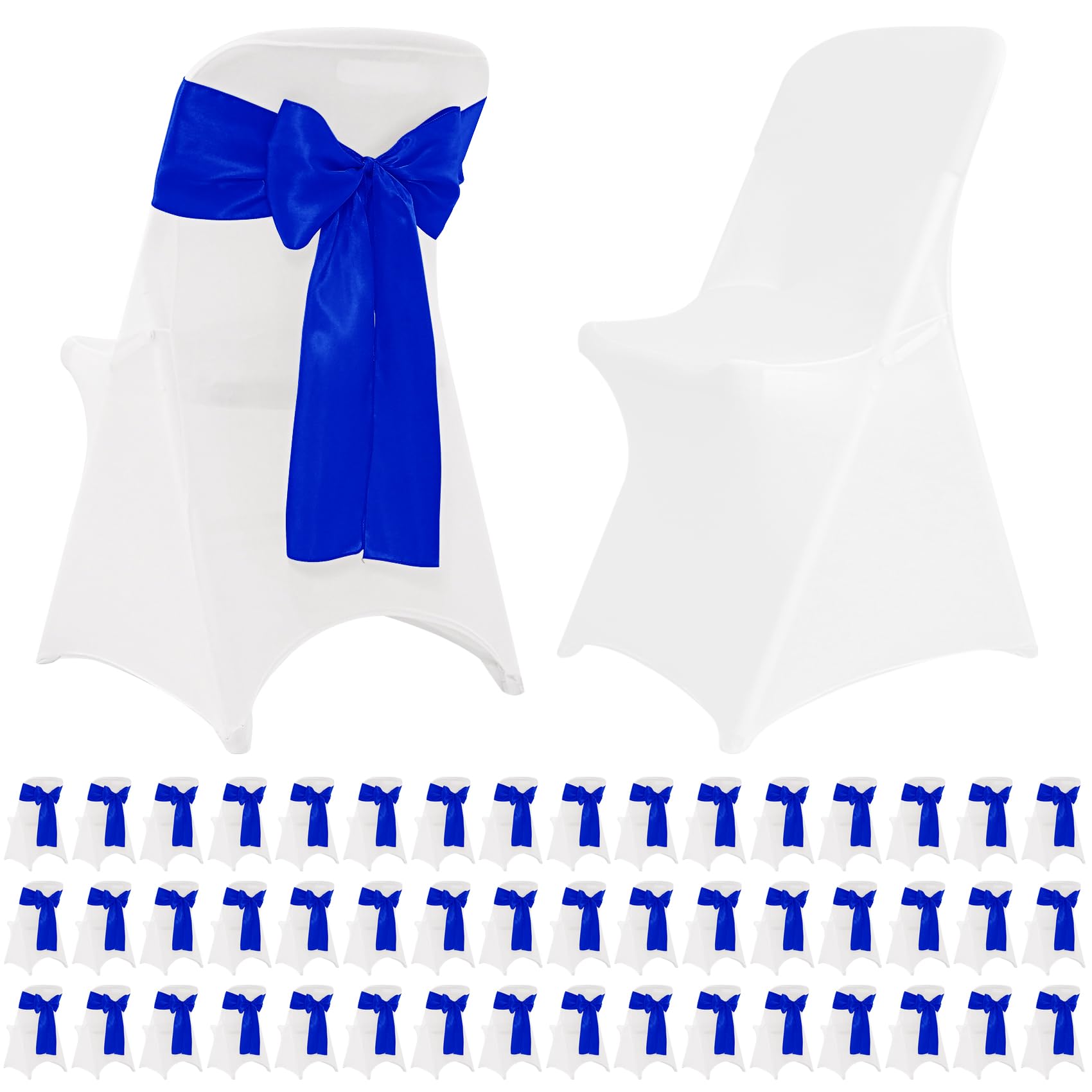 50 Sets Stretch Spandex Folding Chair Cover White and Satin Bows Chair Sashes Ribbon Ties, Washable Chair Slipcovers for Wedding Banquet Party Baby Shower Events Dining Decoration(Royal Blue)