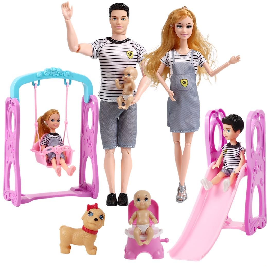 6-Piece Doll Family With Pregnant Mother, Father, 3 Children, Dog, Swing, And Slide For Kids, Educational Toy Set