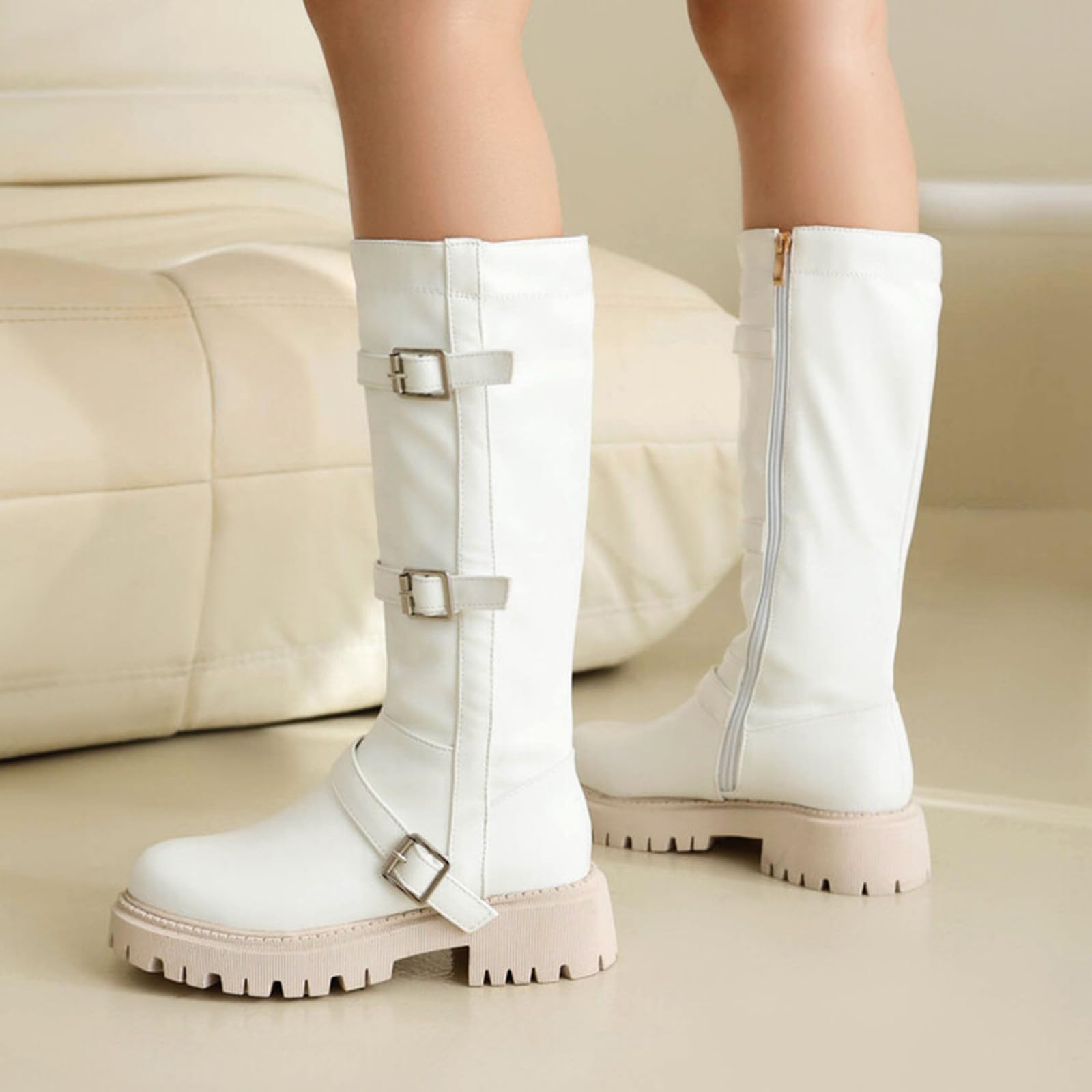 Botas de Invierno Mujer Botas hasta la Rodilla de Manga Larga con Hebilla cinturón Cuero Liso Estilo británico a la Moda para Mujer