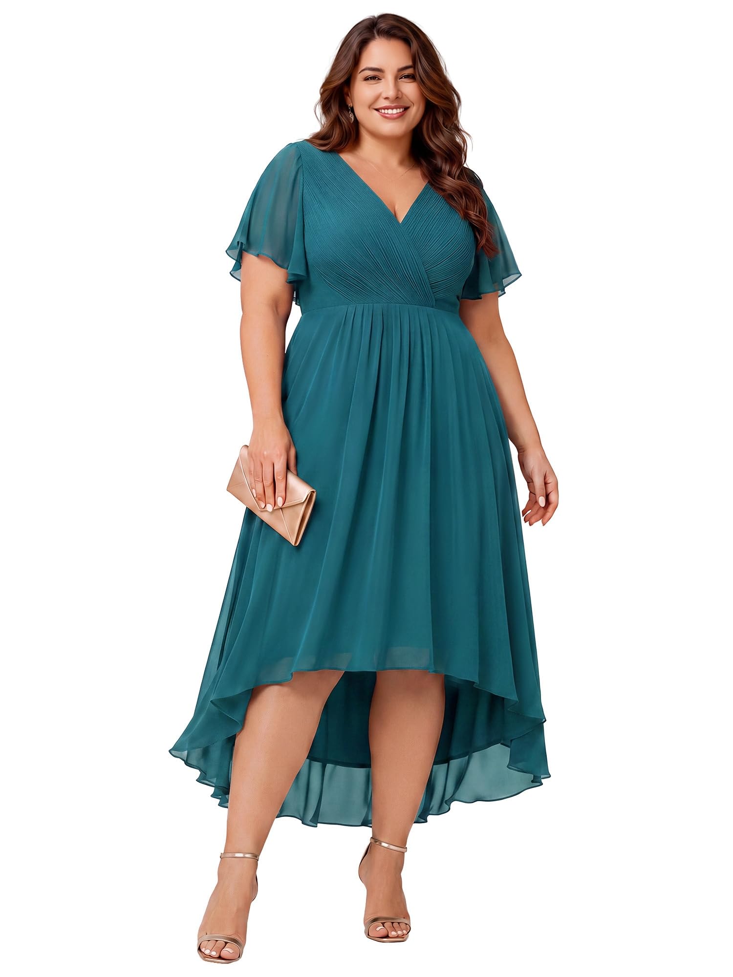 Ever-Pretty Una Linea Increspato Scollo A V Chiffon Maniche Corte Al Ginocchio Plus Size Abiti da sposa per le donne Curvy 01923-DA, Verde acqua, 56
