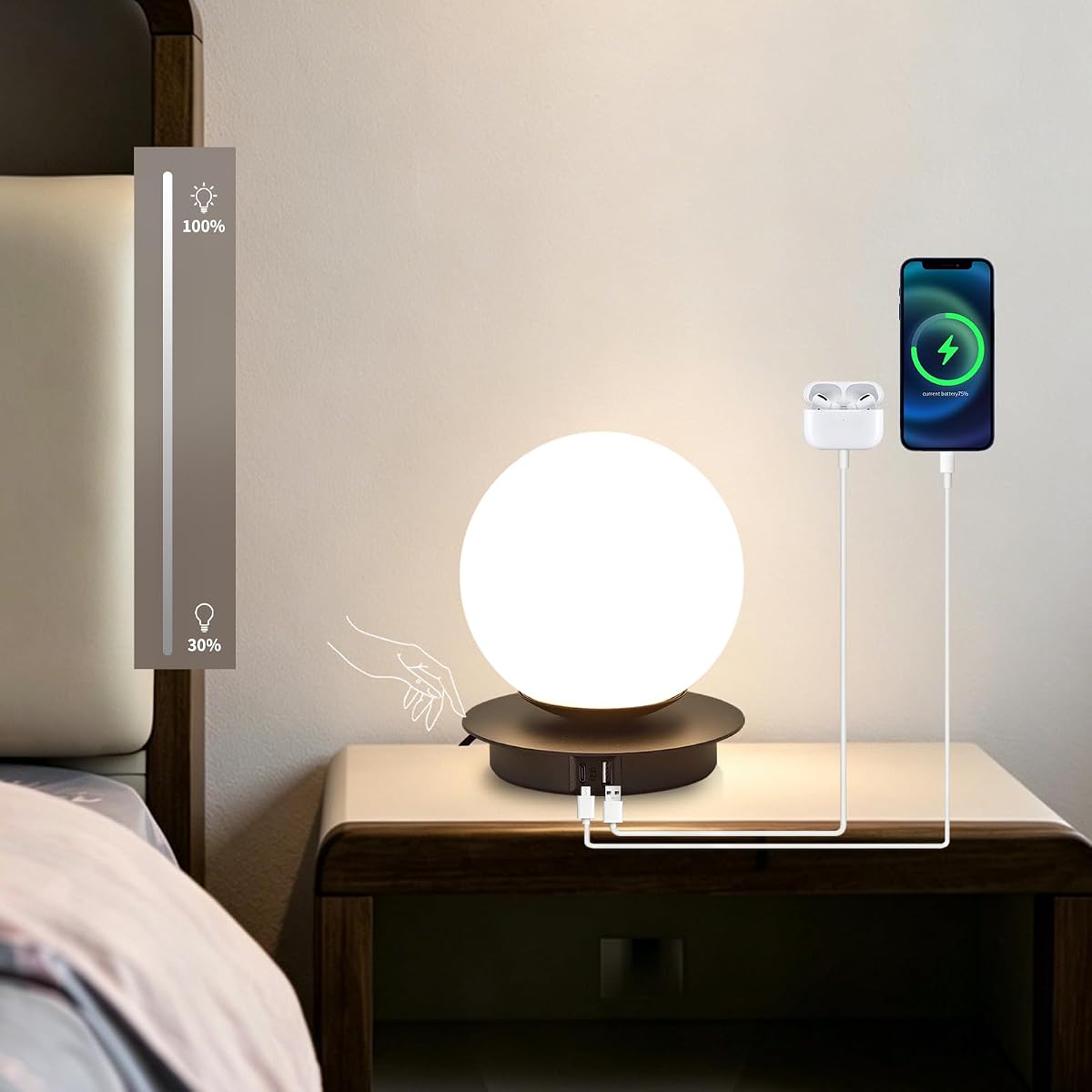 Touch Bedside Table Lamp, Matte Black Modern Small Nightstand Lamp for Bedroom Living Room Kids Room, Milky White Globe Glass Desk Lamp with USB Charging Ports On Off Switch Cord Bulb Included