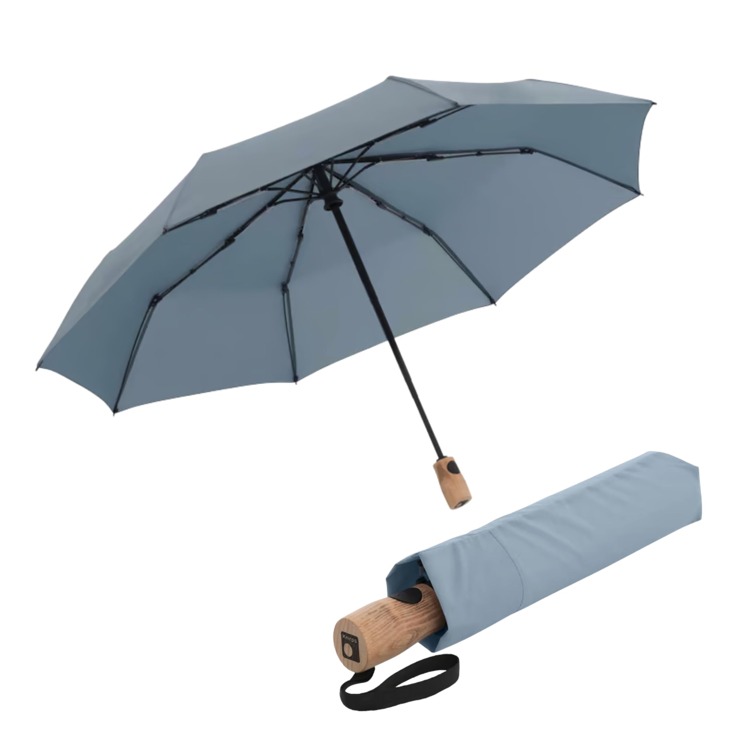 Knirps TIMBER Automatic Umbrella Travel Size Windproof Folding Rain Protection with German Beech Wood Handle, Lightweight Compact Fit for Men & For Women, Designed for Small Purse or Backpack, Cloud