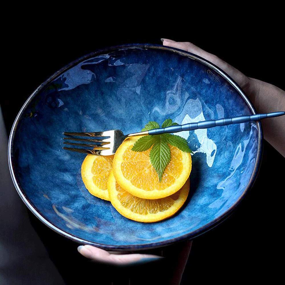 9 Pulgadas Vajilla De Cerámica Retro, Creative Ramen Bowl Tazón De Sopa Grande Ensaladera De Frutas Estilo Japones Tazón De Servir, Azul