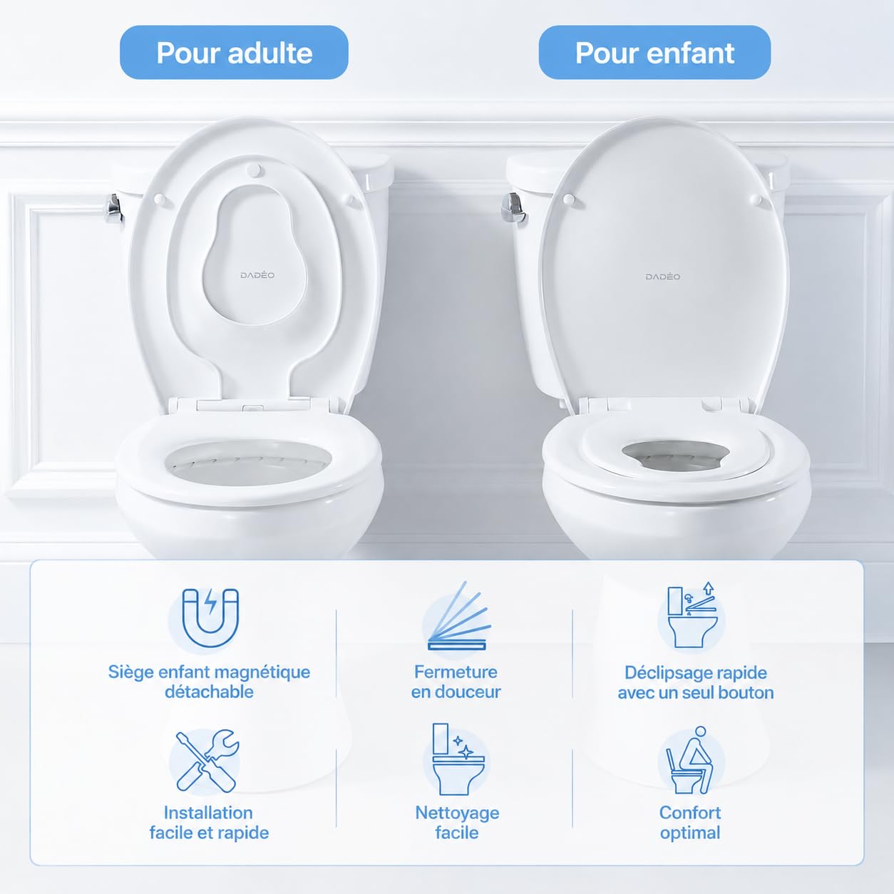 Sedile WC familiare 2 in 1 con riduttore magnetico per bambini, chiusura morbida e fissaggi regolabili, rimozione rapida (forma O)