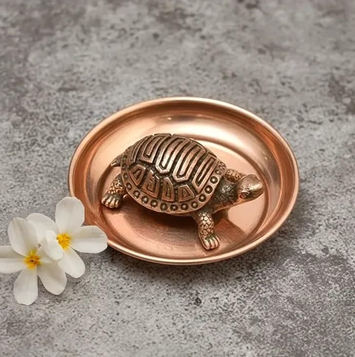 Image of Copper Tortoise Idol for Feng Shui & Vastu | Handmade Lucky Turtle Showpiece for Table Top, Home Temple, Office Desk & Spiritual Gifting (Tortoise with Plate)
