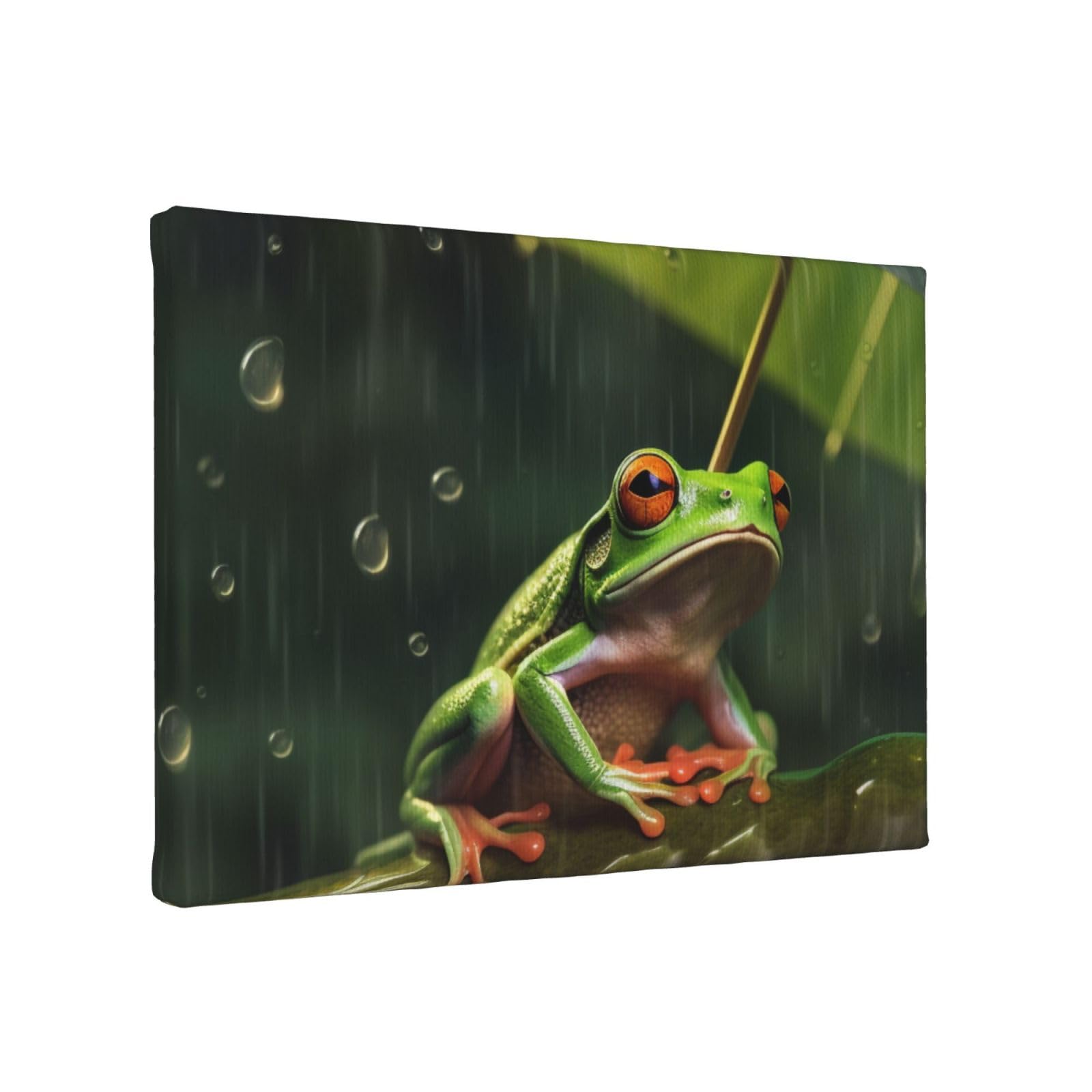 YKLJG Frog and Rain Printed Wall Art Canvas Painting 30x20 CM Wooden Framed Picture Painting Artwork Prints for Bedroom Kitchen Home Office Decor