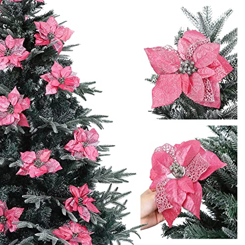 15 Pieces Christmas Glitter Poinsettia with Clips Christmas Poinsettia Decorations Artificial Poinsettia Flowers Ornament Christmas Flowers for New Year Wedding Home Decoration 8.7inch/22cm Pink