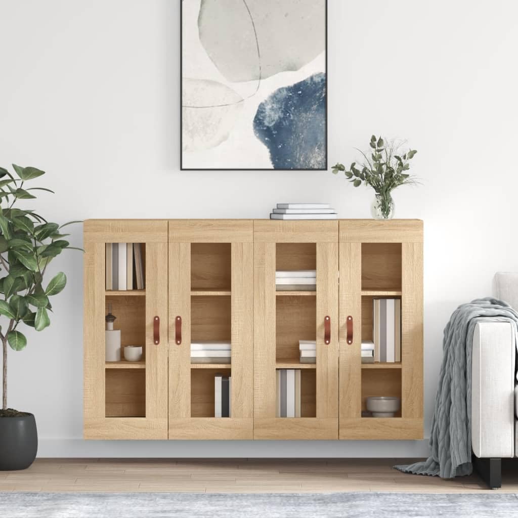 2 szt. Drewniane wielowarstwowe szafki ścienne sonoma dębowe szklane drzwi, konstrukcja do montażu na ścianie, duża przestrzeń do przechowywania, wszechstronny organizer do domu, materiał