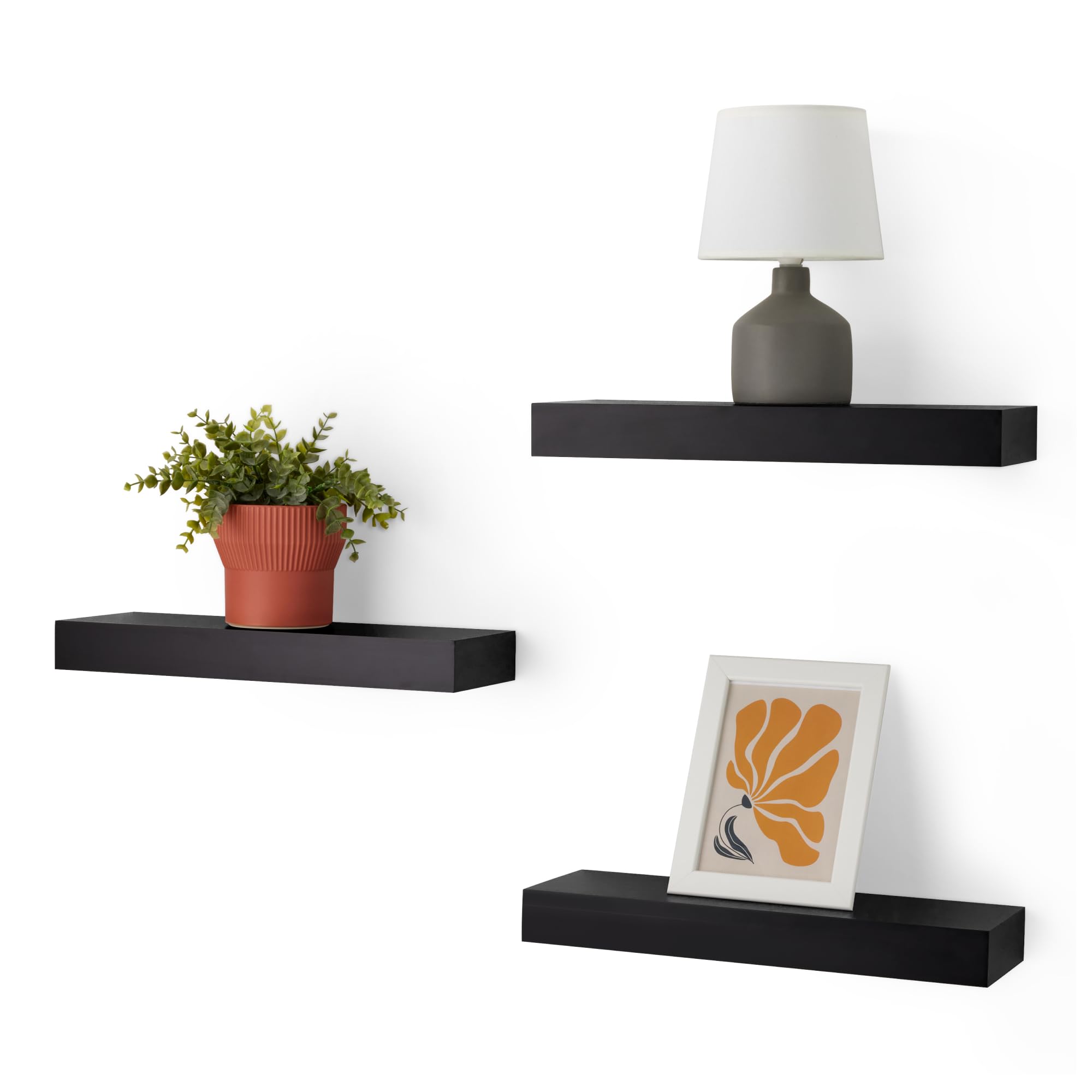 Amazon Basics Wood Floating Wall Shelves, Pack of 3, Black, 15.8" x 5" x 1.8"