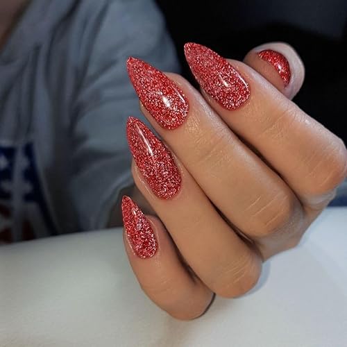 Miniatura 9 de Uñas postizas a presión con purpurina blanca y plateada, uñas postizas medianas de almendra, iridiscentes brillantes, acrílicas con revestimiento