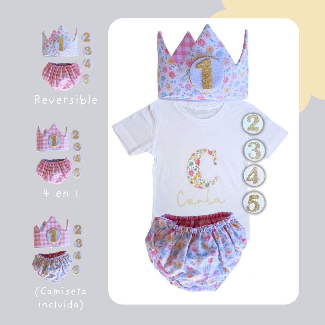 Genérico - Conjunto Cumpleaños 1 año Personalizado - Camiseta con nombre Bebé - Regalo primer cumpleaños - Smash Cake - Corona cumpleaños