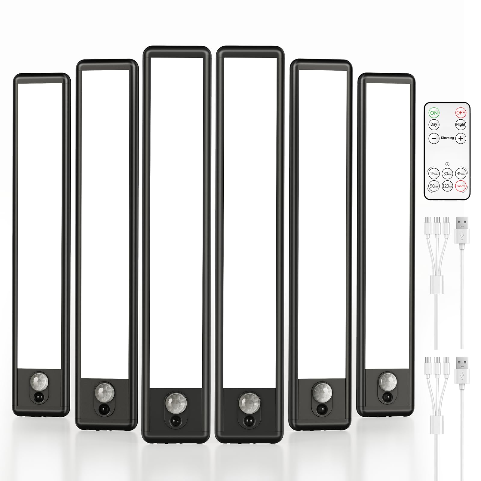 EZVALO 6-Pack Under Cabinet Lighting, 1600mAh Motion Sensor Light, Black LED Closet Lights Wireless, 6500K Dimmable, Timer, Magnetic, with Remote Control for Kitchen, Closet, Stair