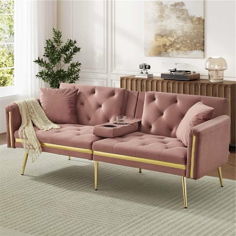 BTM 3 Seater Sofa Bed with Adjustable Backrest, Gold Accents and Built-in Cup Holders, 3 Seater Sofa/Folding Bed for for Living Room and Bedroom, Pink — image 1