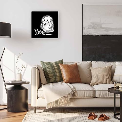 Vista 5 de Halloween Boo Wooden Wall Clock Silent Non Ticking, Ghost Black White Square Wall Clock Battery Operated, Decor Clock for Home Office, Living Room
